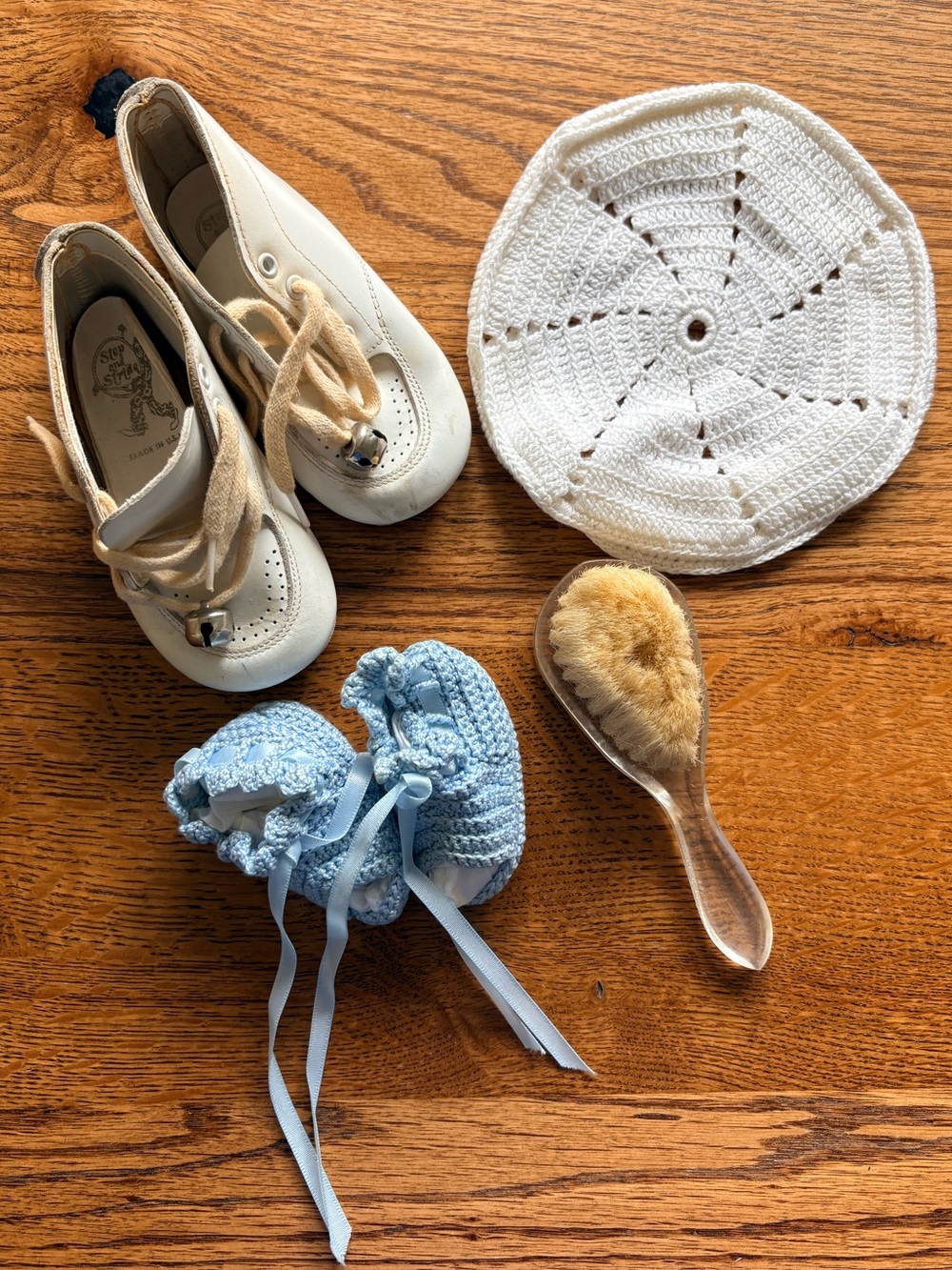 VTG lot of baby shoes, crocheted baby hat and booties, and lucite baby brush